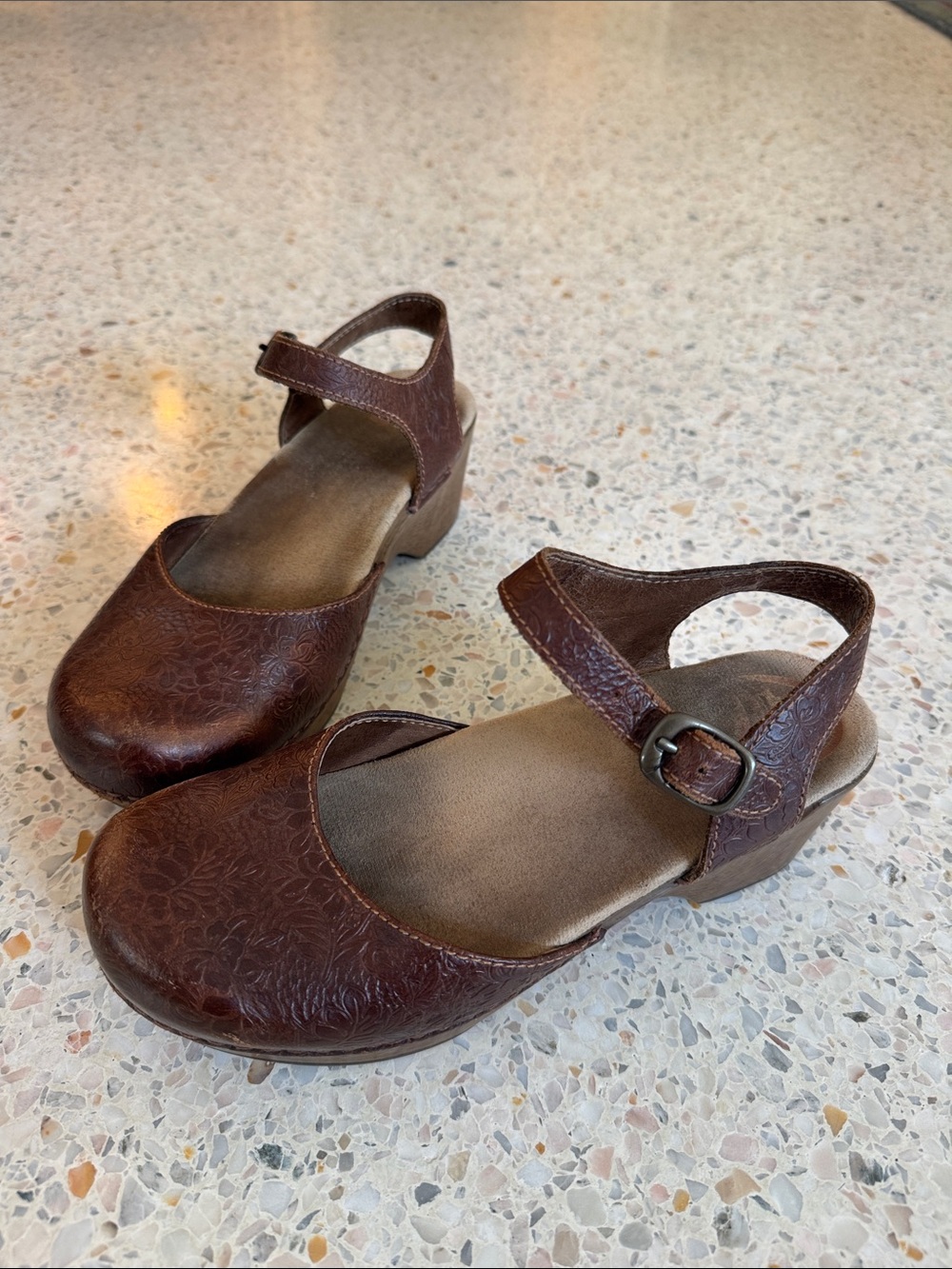 Dansko Brown Leather Floral-Embossed Mary Jane Clogs